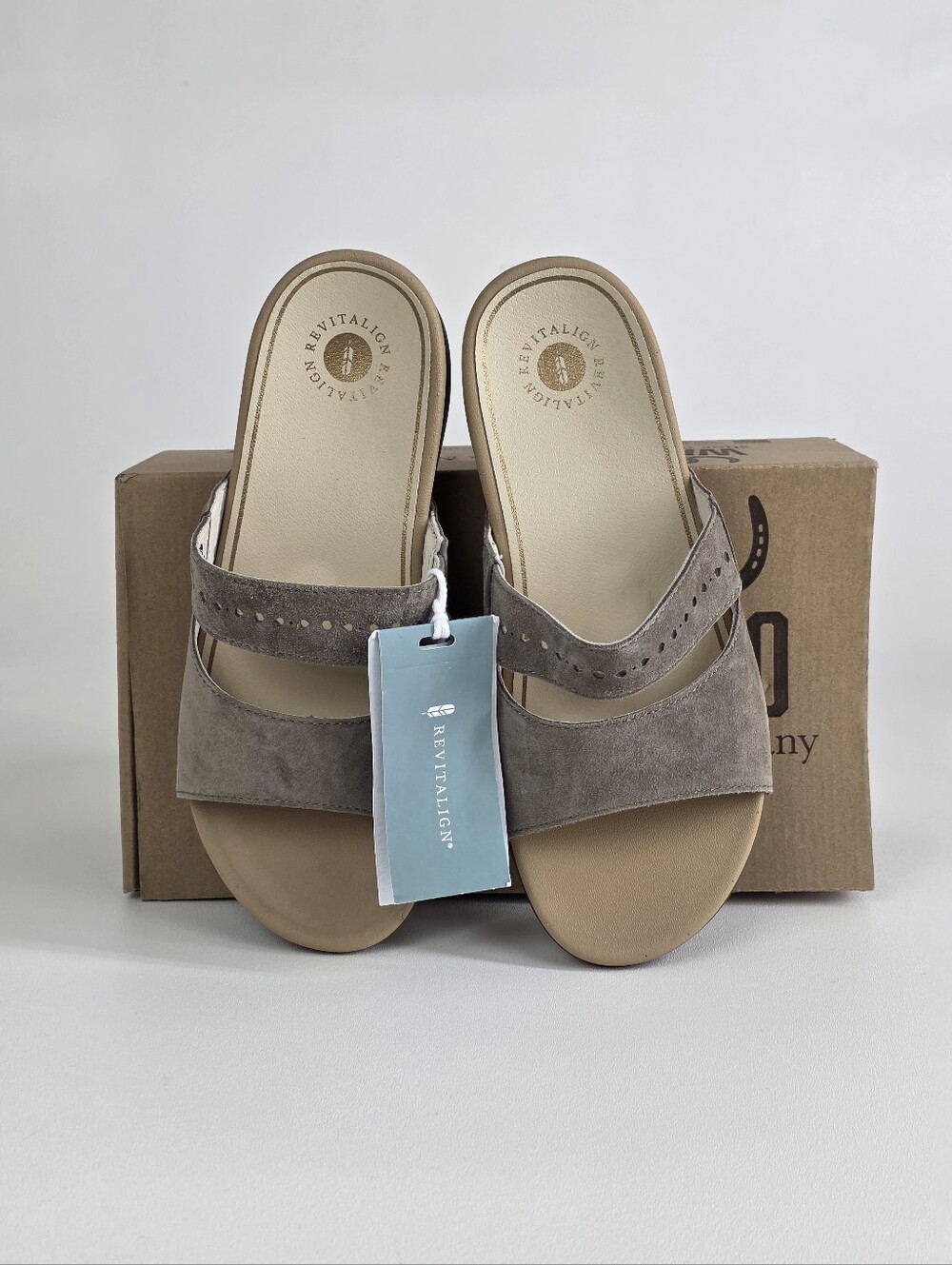 REVITALIGN Taupe Dual-Strap Suede Slide Mules!